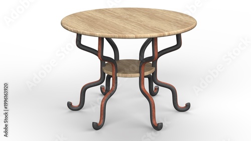 Round Designer Wooden Table. Isolated. White background. 3D render