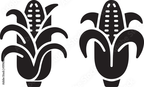 Corn Plant Silhouette Vector Set, Black and White Maize Agriculture Icon Illustration.
