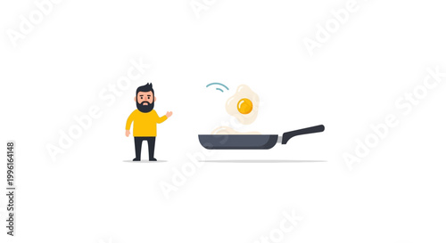Man cooking egg in frying pan.