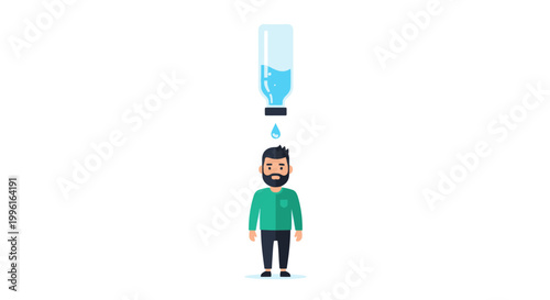 Man standing under dripping water bottle.