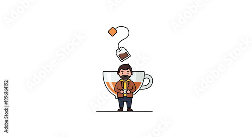 Man standing in a giant coffee cup.