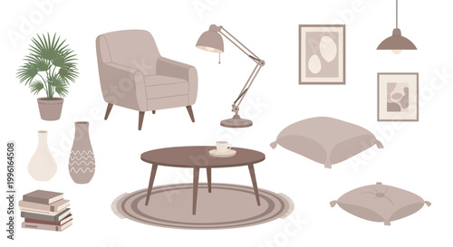 Cozy living room furniture and decor illustration vector