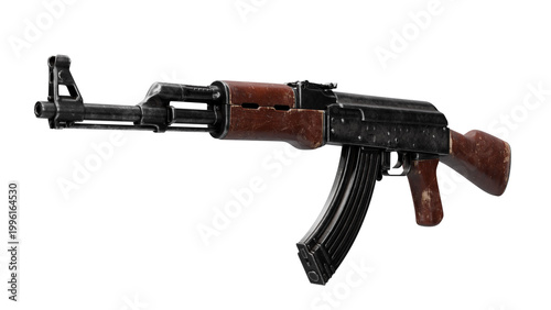 Detailed view of an AK-47 assault rifle with wood furniture