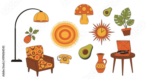 Collection of groovy 70s interior design elements