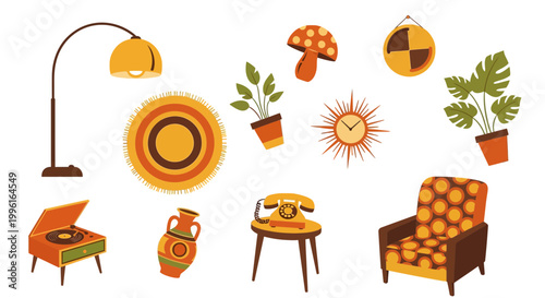 Collection of colorful retro 1970s interior design elements