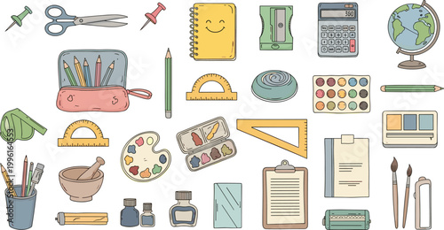 Colorful Hand Drawn School Art and Office Supplies Set with Palette Brushes Ruler Calculator and Globe Collection