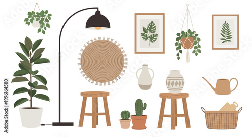 Boho home decor vector illustration with plants and furniture