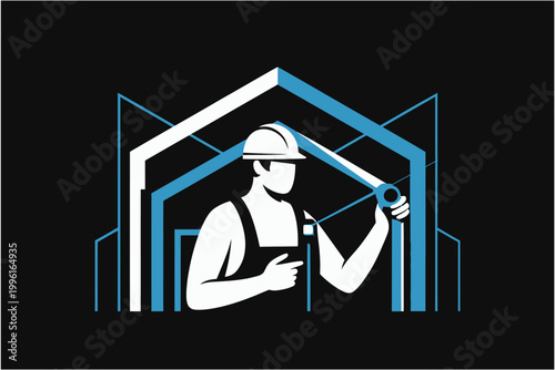 Construction worker with measuring tape in front of a house frame outline, professional building and renovation concept logo design