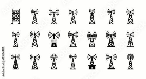Communication Tower Icons Set for Network and Technology Design