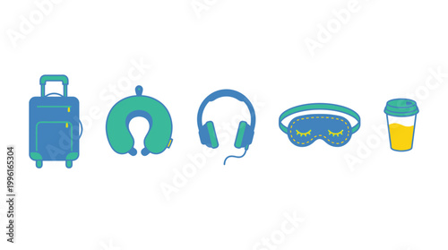 Set of travel essentials icons for vacation and flight preparation.