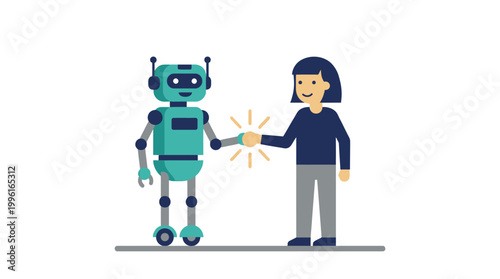 Robot and woman shaking hands together.