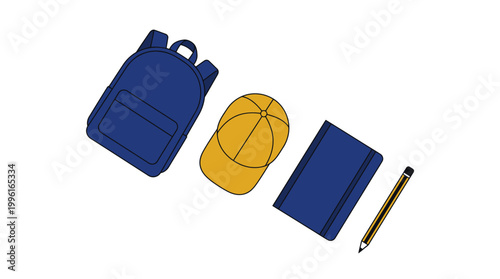 Schilderij op canvas Top view of student essentials including a blue backpack yellow cap notebook and pencil