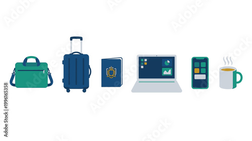Set of travel and business work essentials icons.