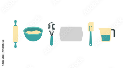 Set of kitchen baking tools and utensils flat vector illustration.
