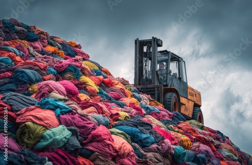 Forklift moves colorful textile scraps piled high against a stormy sky