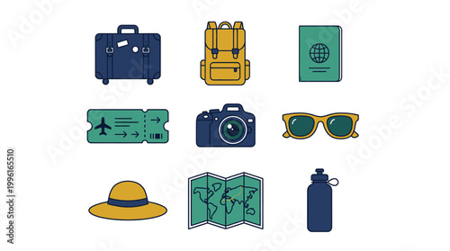 Set of travel essentials and vacation icons.