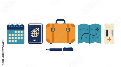 Travel Essentials and Vacation Planning Icons Set.