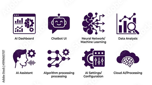 Collection of AI-related icons depicting various functionalities like dashboards, chatbots, and data analysis