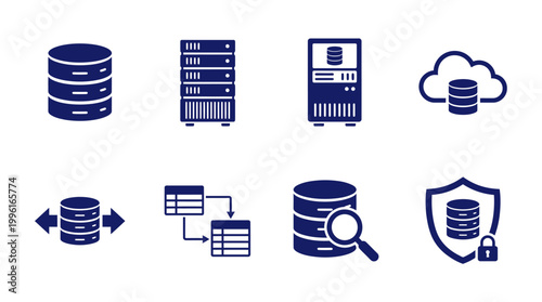 Collection of database icons illustrating storage solutions, data management, and security concepts