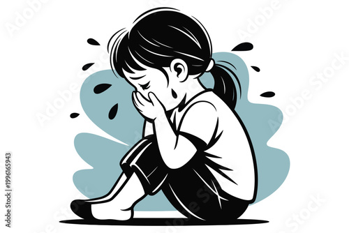 Sad little girl crying and sitting alone, feeling lonely and upset, emotional illustration of a child in distress, vector graphic