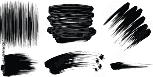 Set of black textured brush strokes and hand-drawn ink paint elements isolated on white