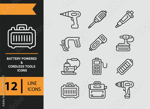 Cordless Battery Powered Tools Outline Icons for Modern Workspaces