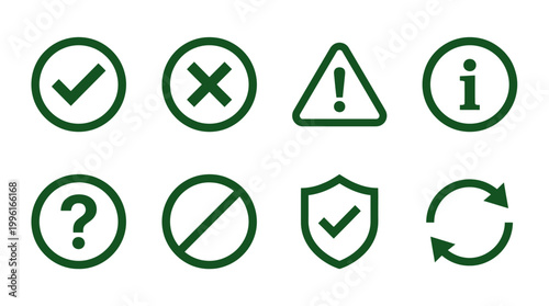 Collection of simple green icons representing various actions and notifications for user interface design