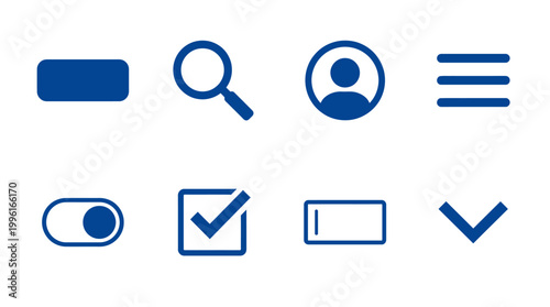 Collection of blue user interface icons including buttons, search, profile, and toggle switches