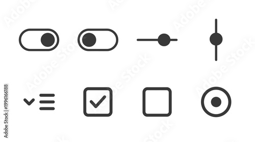 Collection of user interface icons for digital applications, showcasing various toggle switches and buttons
