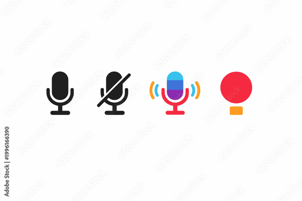 Fototapeta premium Microphone icons: mute, unmute, recording, sound, voice control symbols