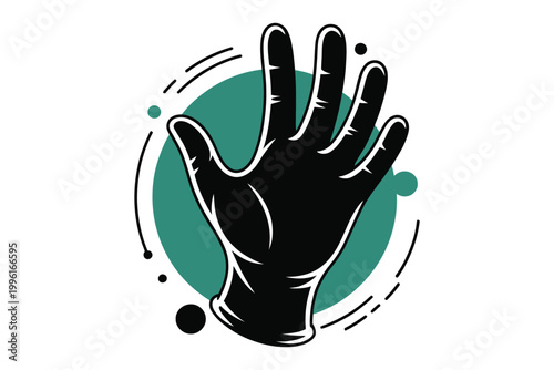Vector illustration of a black rubber glove on a green circular background with abstract graphic elements
