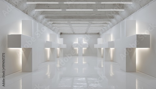 Futuristic White Corridor with Cross-Shaped Illumination.
