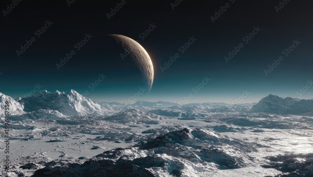 Fototapeta premium Alien Planet Landscape with Crescent Moon in Dark Sky.