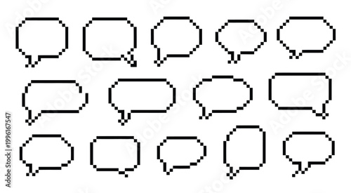 Pixelated speech bubbles vector set in assorted shapes outlined in black
