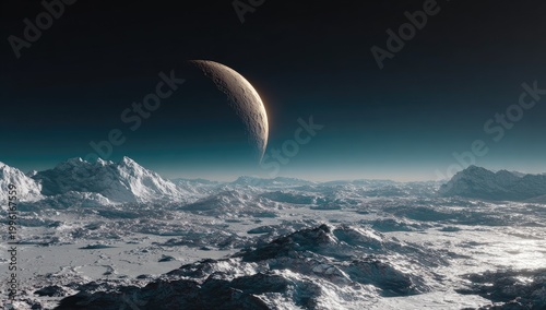 Alien Planet Landscape with Crescent Moon in Dark Sky.