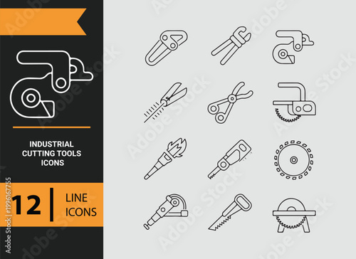 Industrial Cutting Tools Outline Icons for Professional Manufacturing