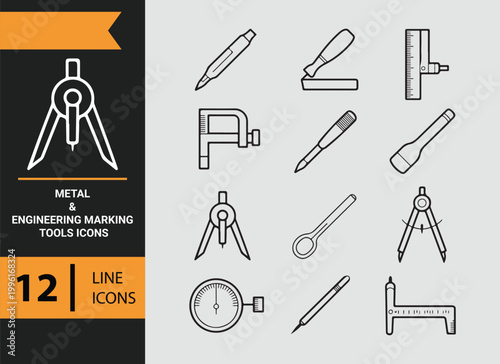 Metal Engineering Marking Tools Outline Icons for Fabrication Work