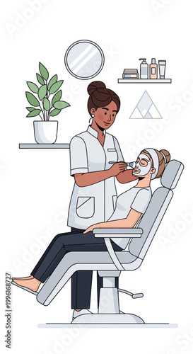 Skincare Treatment: Beautician Applying Facial Mask to Woman in Spa Chair