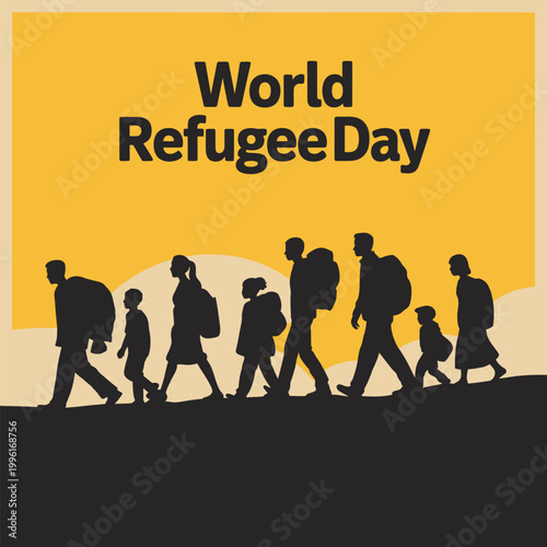 Silhouettes of refugees walking with backpacks under a yellow sky