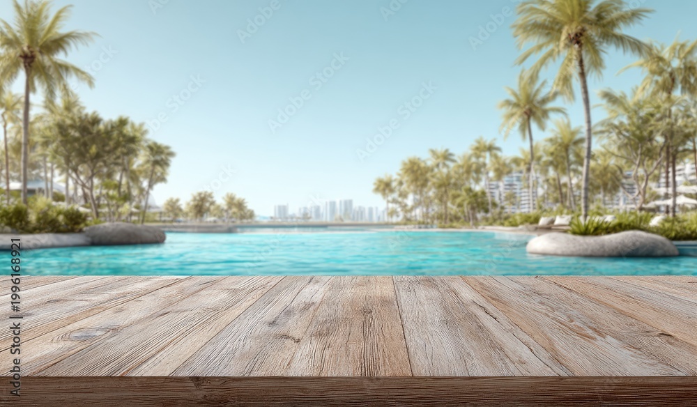 Fototapeta premium Tropical Resort Poolside Oasis with Palm Trees and City Skyline.