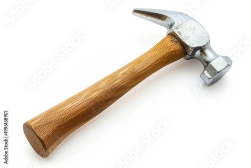 Steel claw hammer with wooden handle isolated on white background, professional hand tool for construction, carpentry and home improvement, clean studio packshot with copy space