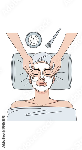 Woman receiving facial mask treatment with hands massaging face, spa beauty care