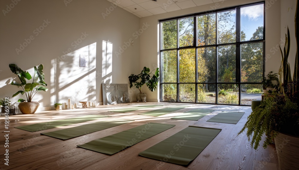 Fototapeta premium Serene Yoga Studio with Large Windows and Natural Light.