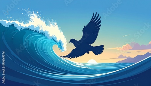 Silhouette of flying dove over crashing ocean wave at sunset for peace concept