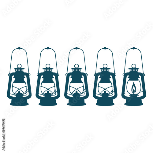 Five teal blue silhouette of vintage kerosene lanterns on transparent background illustration.