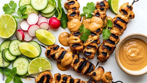 Grilled chicken skewers with fresh vegetables and sauce