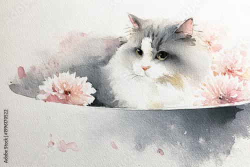 Beautiful Watercolor Painting of a Cat Surrounded by Flowers