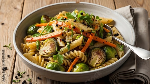 Delicious pasta salad with vegetables and herbs in a bowl