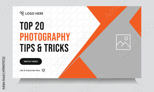 Trendy photography daily tips and tricks video thumbnail banner design, daily photography learning tips and techniques video cover banner design, editable vector eps 10 file format