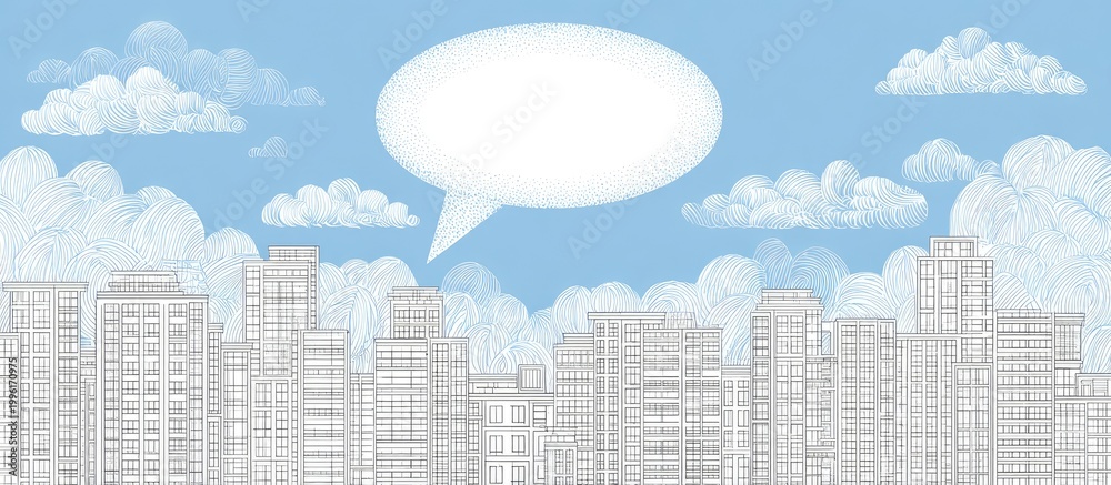 Fototapeta premium Stylized city skyline under a blue sky with clouds and a speech bubble